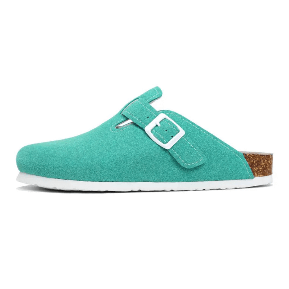 Clog Milan in aqua green color with suede leather material, anatomical sole, and stylish buckle, ideal for modern casual outfits