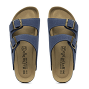 Vienna Sandals in blue suede with a wide-fit design, comfortable sole, and stylish straps for a modern look