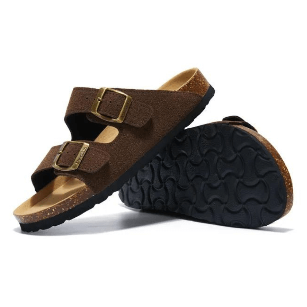 Vienna Sandals in dark brown suede with wide-fit design, adjustable straps, and durable cork sole for everyday wear