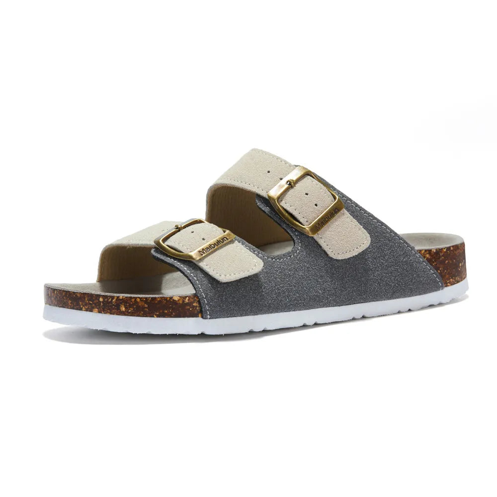 Vienna Sandals in gray and cream suede featuring a soft finish, comfortable sole, and modern adjustable straps