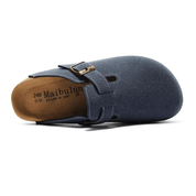 Blue clogs with gold buckle, wide fit design, and ergonomic sole for all-day support and European-inspired style.