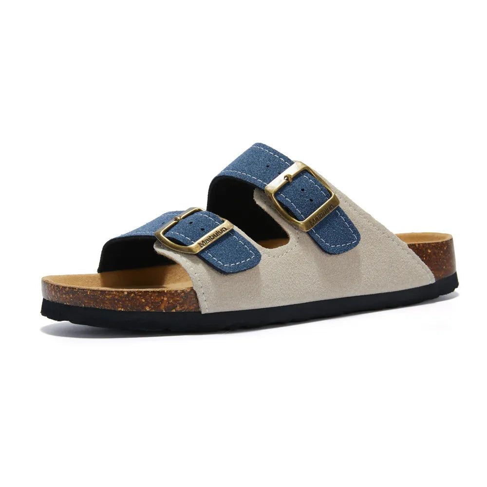 Vienna Sandals in cream and blue suede with a stylish color contrast, ergonomic sole, and wide-fit straps