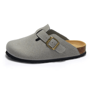 Clog Milan in light gray with a natural cork sole, durable design, and adjustable buckle, perfect for casual and versatile wear