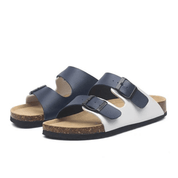 Vienna Sandals in white and blue leather with a contrasting design, adjustable straps, and a sleek ergonomic sole