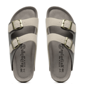 Vienna Sandals in gray and cream suede featuring a soft finish, comfortable sole, and modern adjustable straps