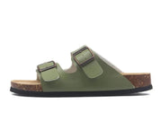 Vienna Sandals in green leather with natural cork sole, wide-fit straps, and a fresh, unique color for casual wear