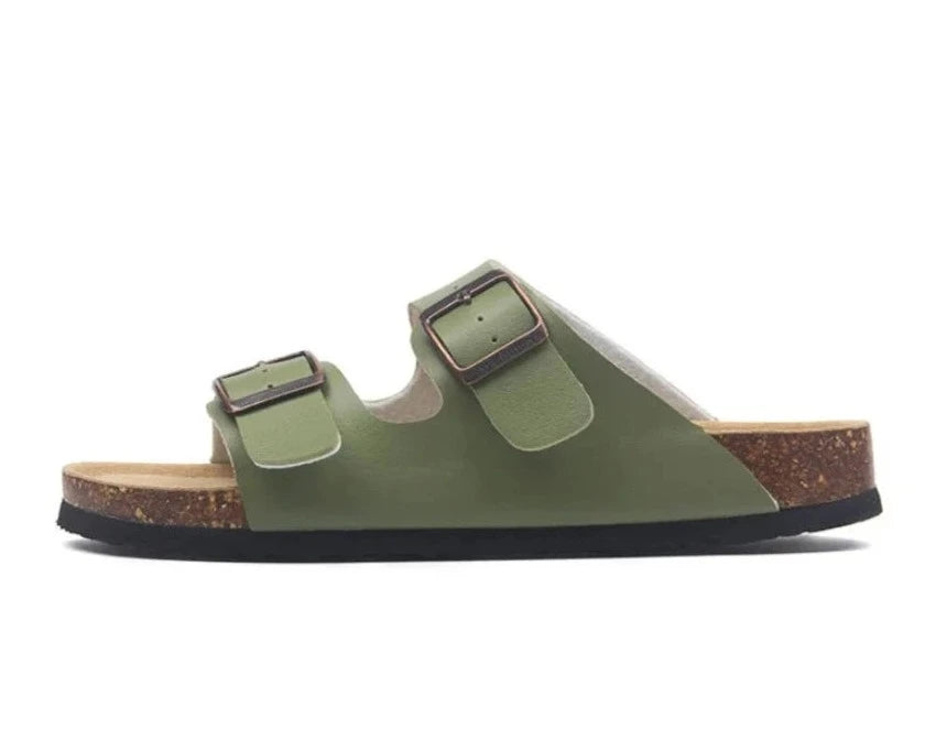 Vienna Sandals in green leather with natural cork sole, wide-fit straps, and a fresh, unique color for casual wear