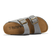 Vienna Sandals in light gray suede with ergonomic sole and sleek adjustable straps, perfect for versatile styling