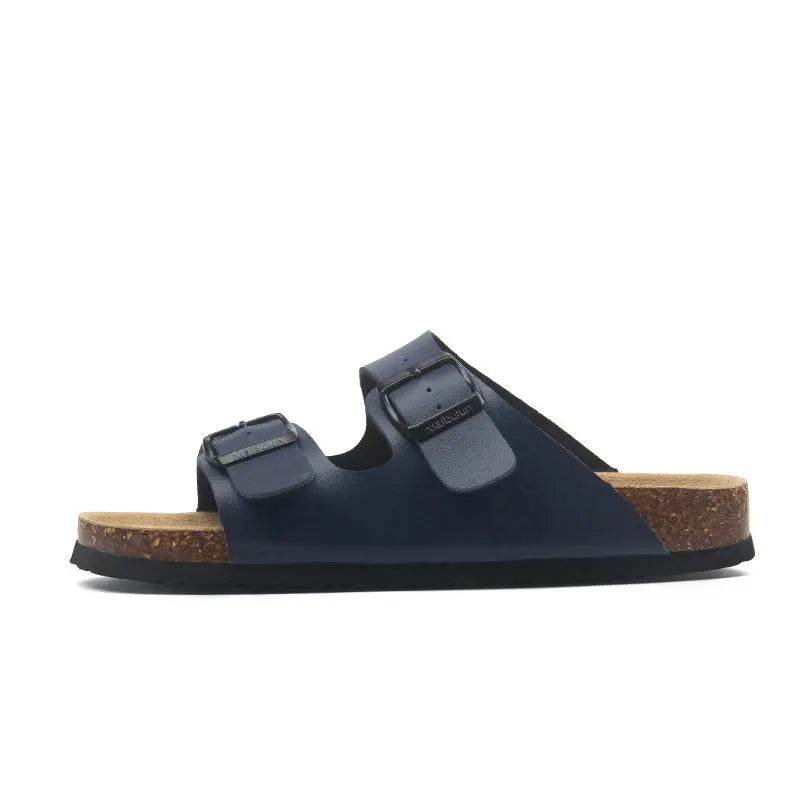 Vienna Sandals in blue leather featuring adjustable straps, a comfortable sole, and a sleek, elegant design