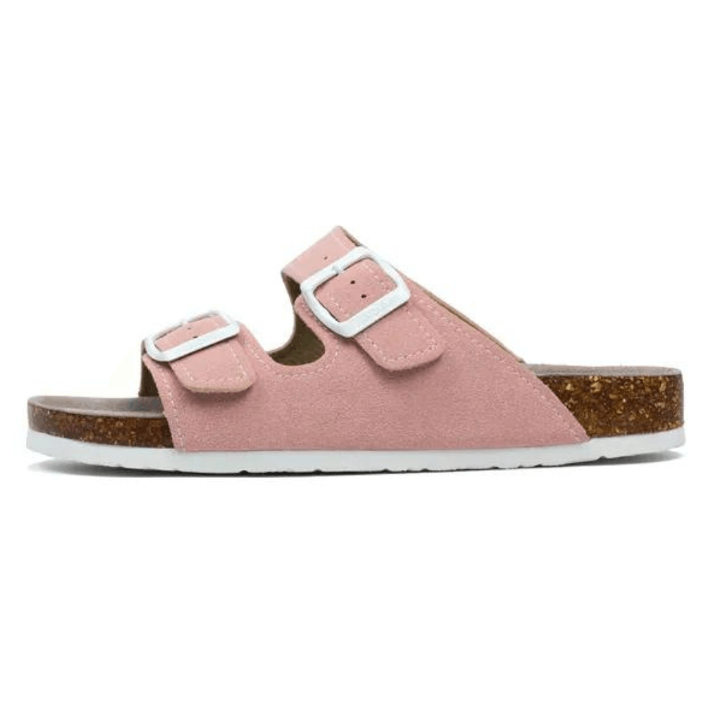 Vienna Sandals in pink suede with a soft texture, wide-fit straps, and an ergonomic sole for modern casual looks