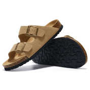 Vienna Sandals in light brown suede with a soft finish, ergonomic sole, and adjustable straps for casual comfort