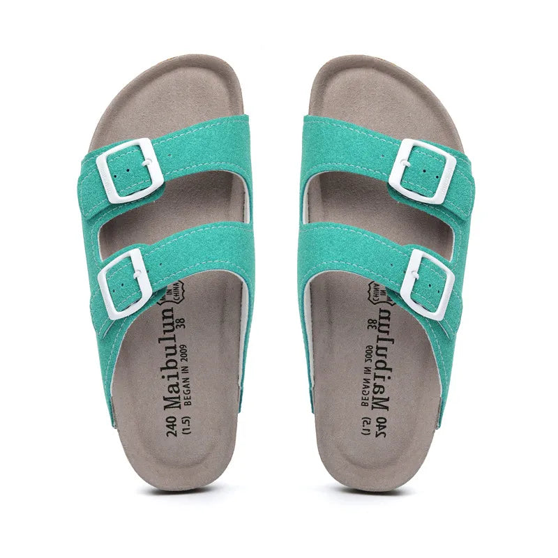 Vienna Sandals in aqua green suede with vibrant color, wide-fit design, and durable sole for standout style