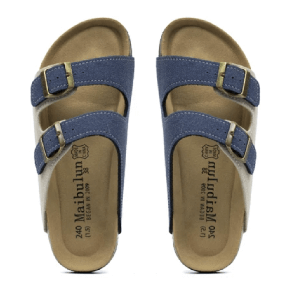 Vienna Sandals in cream and blue suede with a stylish color contrast, ergonomic sole, and wide-fit straps