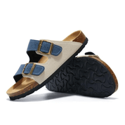 Vienna Sandals in cream and blue suede with a stylish color contrast, ergonomic sole, and wide-fit straps