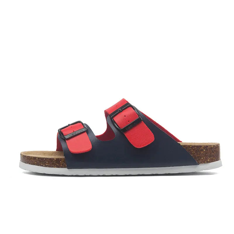 Vienna Sandals in blue and red leather with a striking two-tone design, durable straps, and a comfortable fit