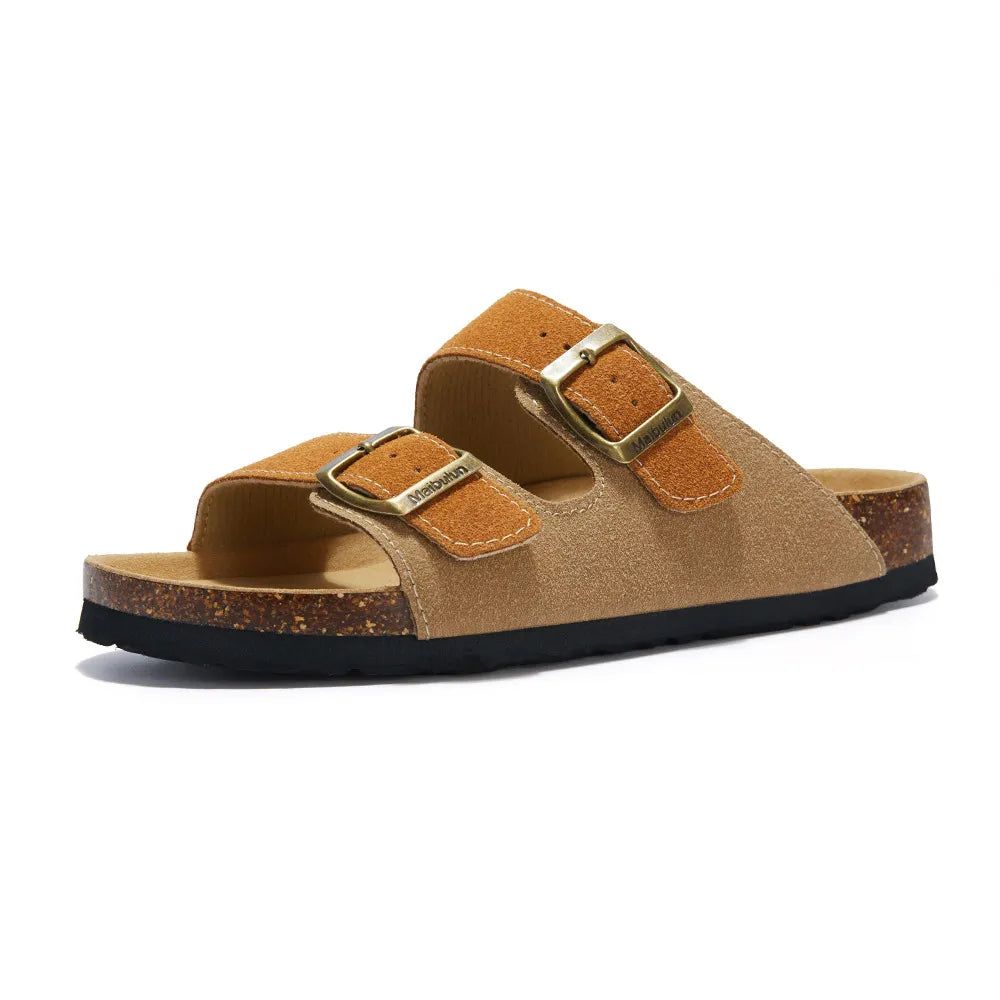 Vienna Sandals in light brown and caramel suede with a dual-tone design, ergonomic sole, and adjustable straps