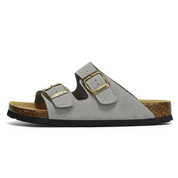 Vienna Sandals in light gray suede with ergonomic sole and sleek adjustable straps, perfect for versatile styling