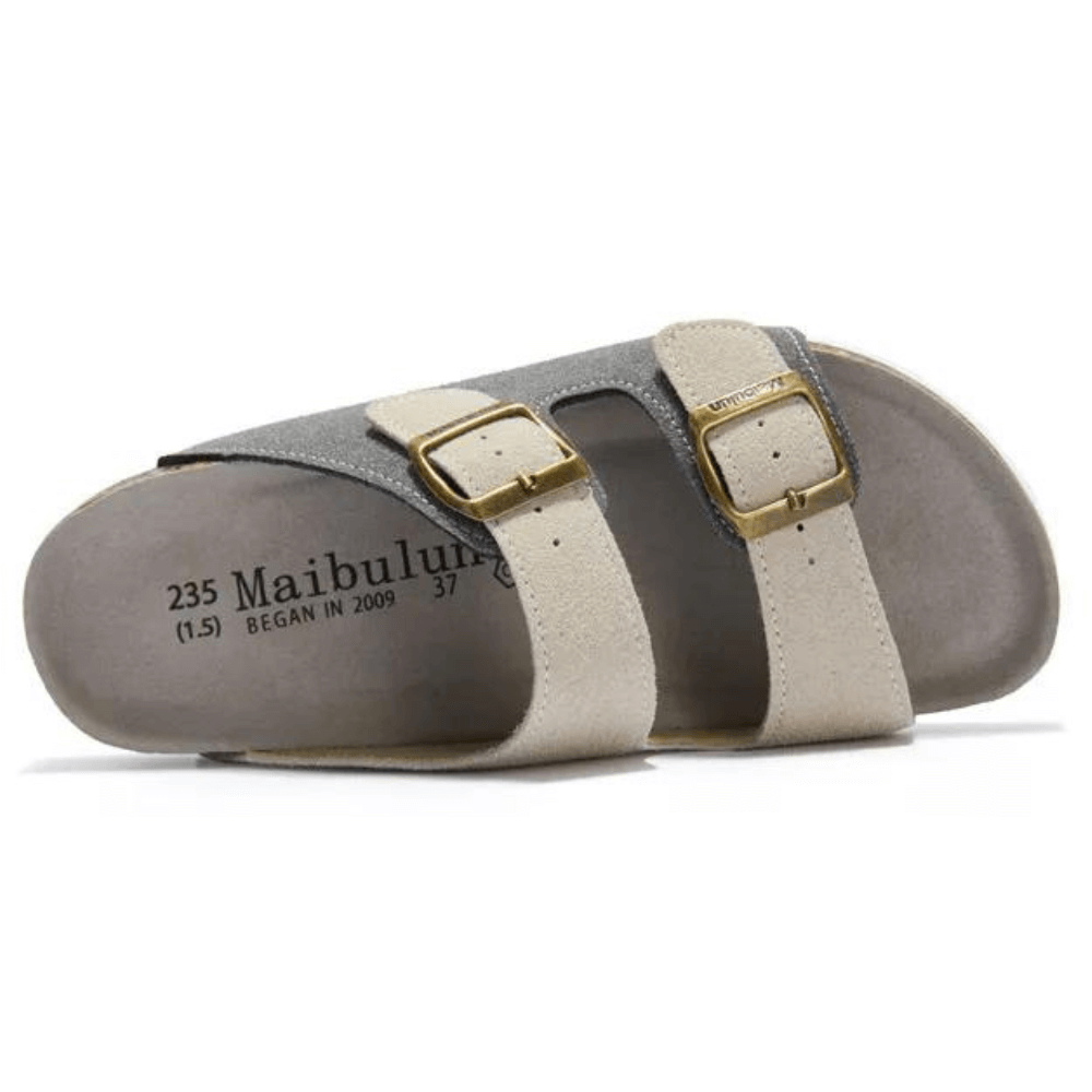 Vienna Sandals in gray and cream suede featuring a soft finish, comfortable sole, and modern adjustable straps