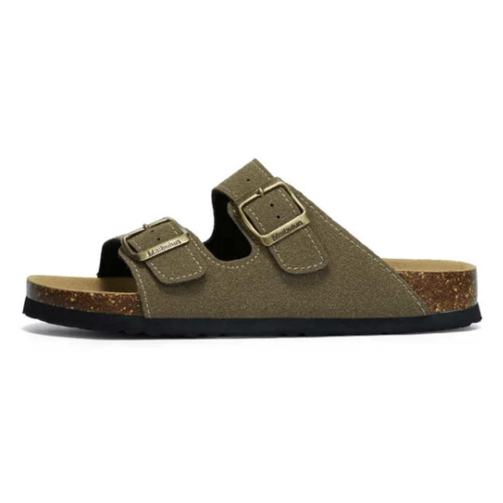 Vienna Sandals in moss green suede with a durable cork sole, adjustable straps, and a unique, natural tone