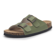 Vienna Sandals in green leather with natural cork sole, wide-fit straps, and a fresh, unique color for casual wear