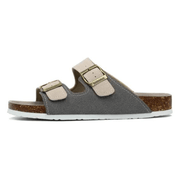 Vienna Sandals in gray and cream suede featuring a soft finish, comfortable sole, and modern adjustable straps