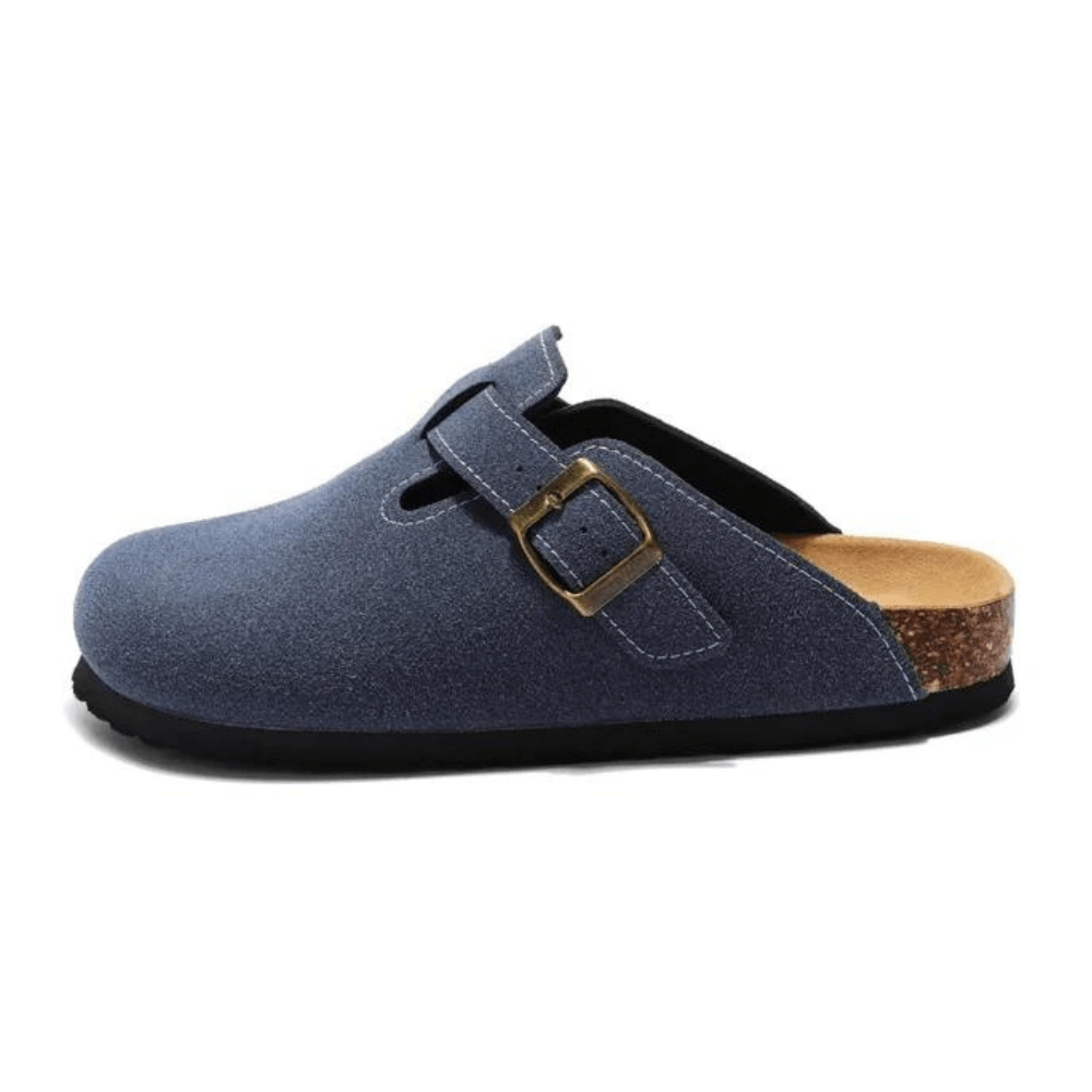 Blue clogs with gold buckle, wide fit design, and ergonomic sole for all-day support and European-inspired style.