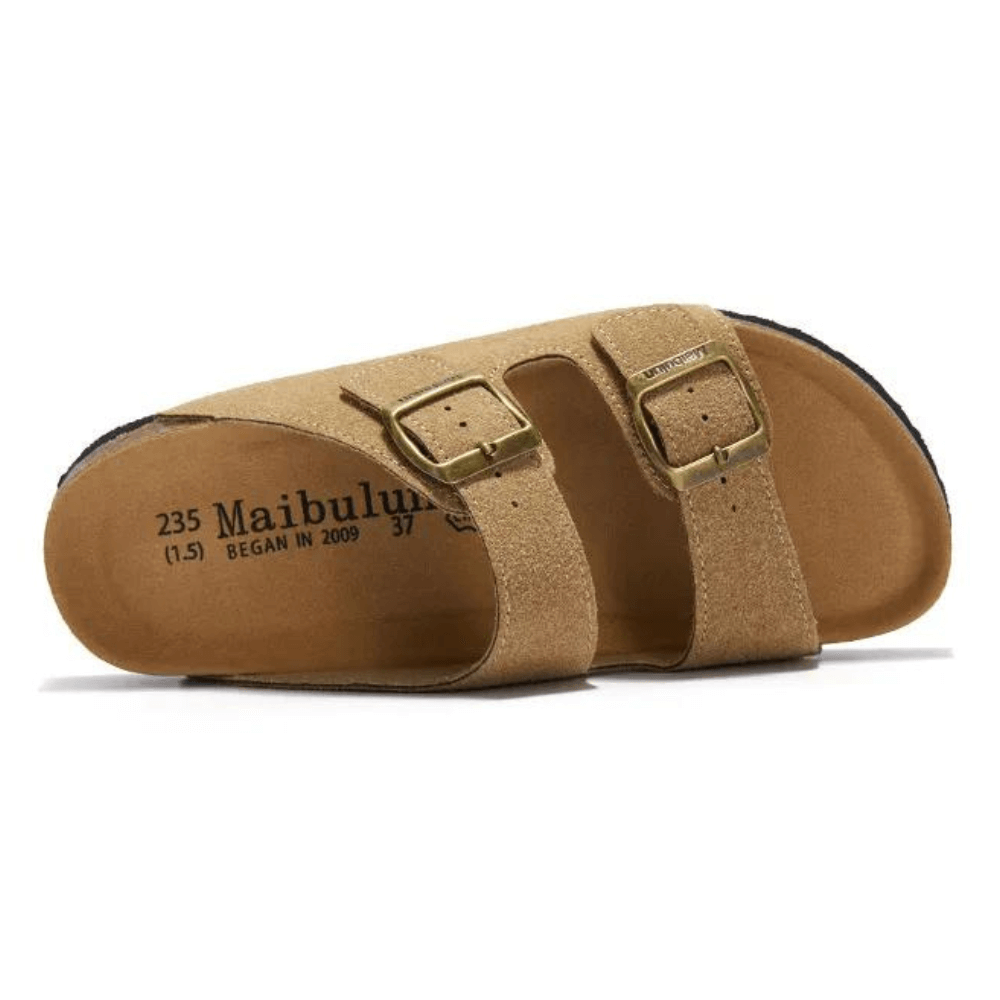 Vienna Sandals in light brown suede with a soft finish, ergonomic sole, and adjustable straps for casual comfort