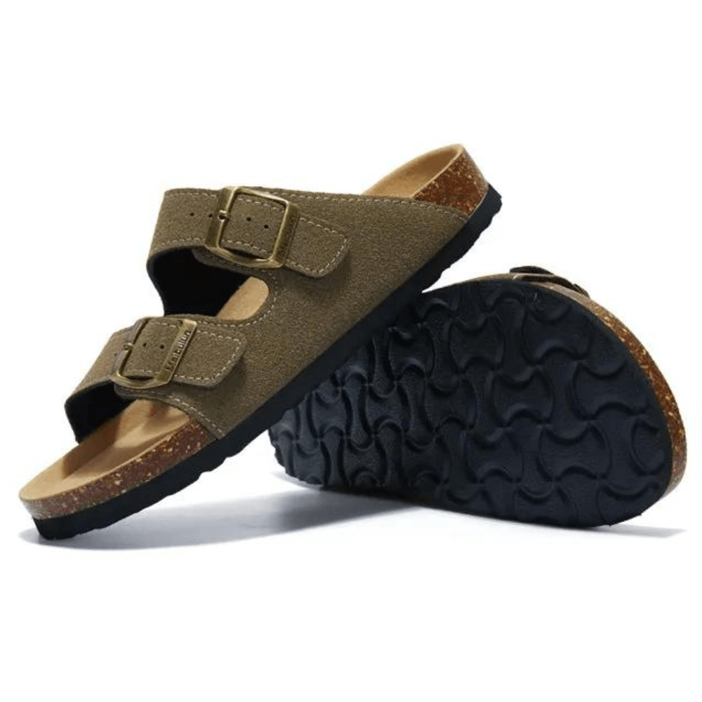 Vienna Sandals in moss green suede with a durable cork sole, adjustable straps, and a unique, natural tone