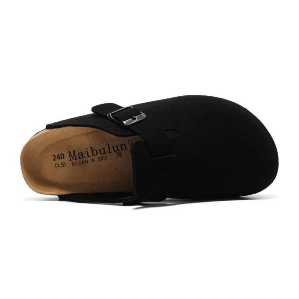 Clog Milan in black with a premium finish, ergonomic sole, and adjustable steel buckle for a sleek and versatile style