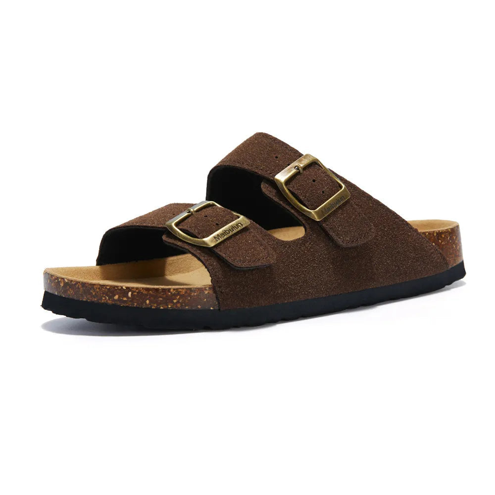 Vienna Sandals in dark brown suede with wide-fit design, adjustable straps, and durable cork sole for everyday wear