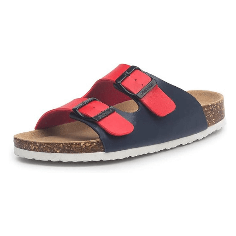 Vienna Sandals in blue and red leather with a striking two-tone design, durable straps, and a comfortable fit