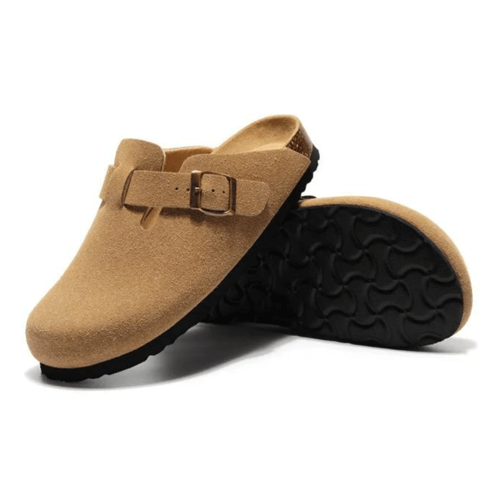 Clog Milan in light brown suede leather with natural cork sole and adjustable steel buckle, designed for all-day comfort.