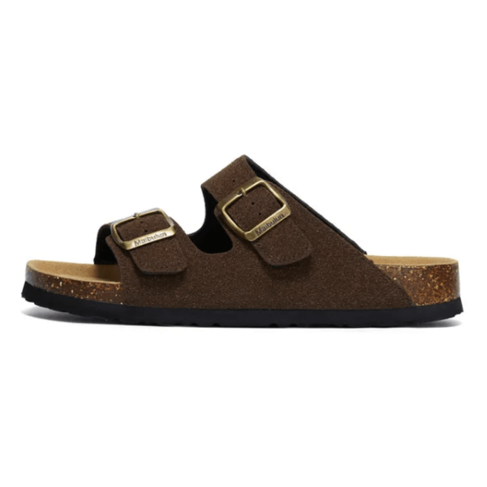 Vienna Sandals in dark brown suede with wide-fit design, adjustable straps, and durable cork sole for everyday wear