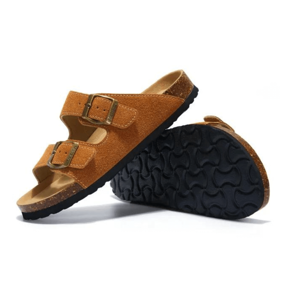 Vienna Sandals in caramel suede with a soft texture, adjustable straps, and ergonomic sole for casual comfort