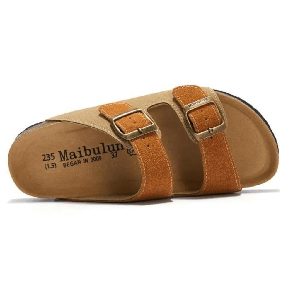 Vienna Sandals in light brown and caramel suede with a dual-tone design, ergonomic sole, and adjustable straps