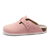 Pink wide fit clogs with adjustable buckle and anatomical sole, perfect for casual wear and everyday comfort.