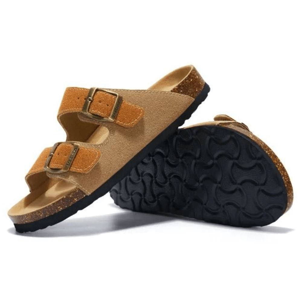 Vienna Sandals in light brown and caramel suede with a dual-tone design, ergonomic sole, and adjustable straps