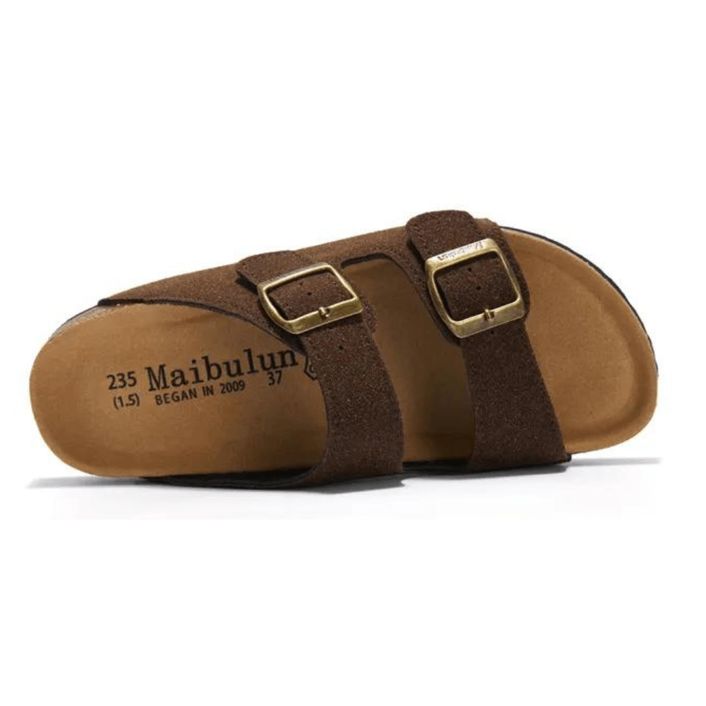 Vienna Sandals in dark brown suede with wide-fit design, adjustable straps, and durable cork sole for everyday wear