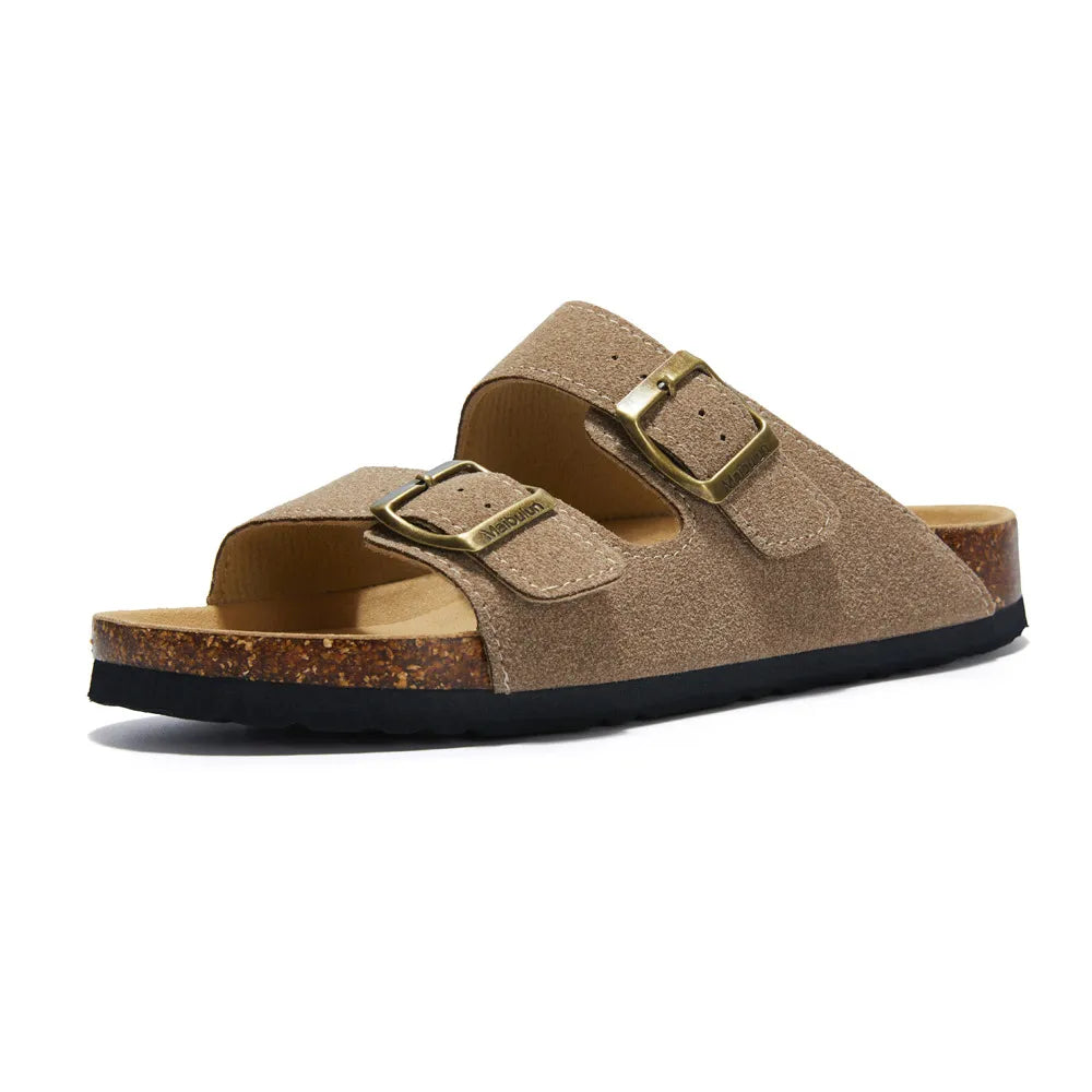 Vienna Sandals in sand suede with a minimalist design, wide fit, and ergonomic sole for ultimate comfort