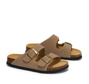 Vienna Sandals in sand suede with a minimalist design, wide fit, and ergonomic sole for ultimate comfort