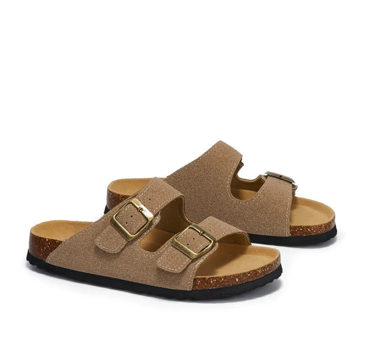 Vienna Sandals in sand suede with a minimalist design, wide fit, and ergonomic sole for ultimate comfort