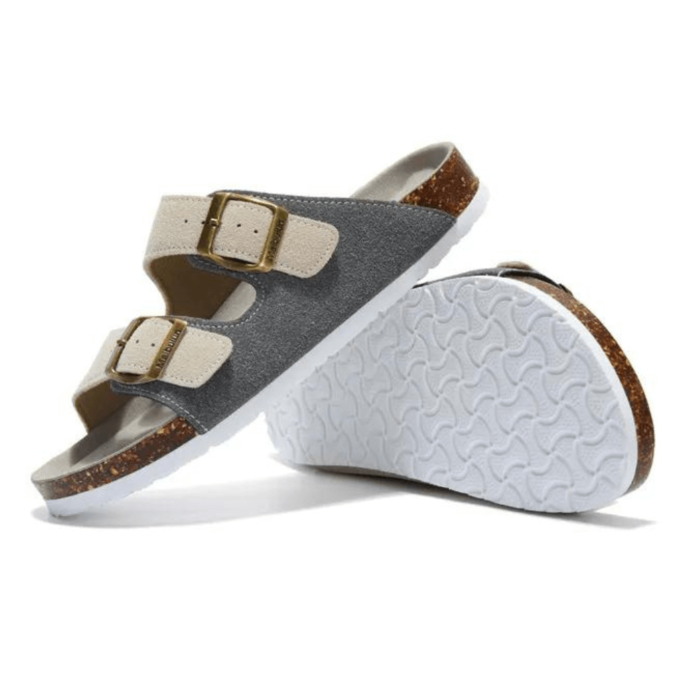 Vienna Sandals in gray and cream suede featuring a soft finish, comfortable sole, and modern adjustable straps