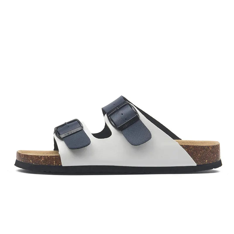 Vienna Sandals in white and blue leather with a contrasting design, adjustable straps, and a sleek ergonomic sole